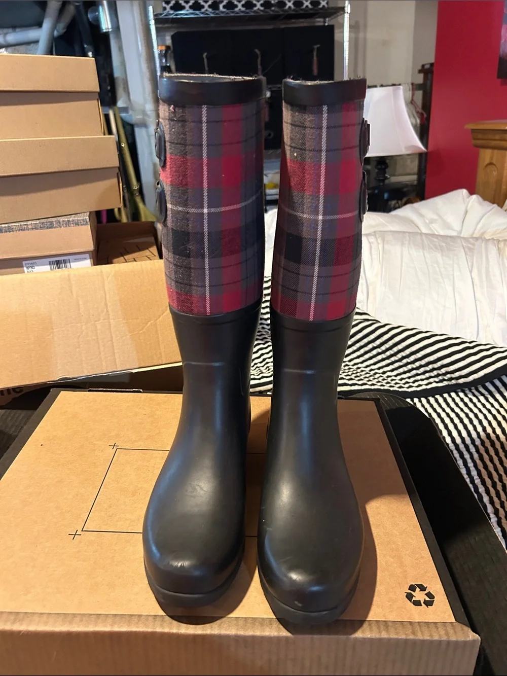 UGG Women's Black Rubber & Red Plaid Tall Rain Boots with Buckles